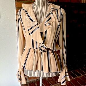 Hemant & Nandita Anthropologie Silk Striped
Ruffled Peplum Blouse